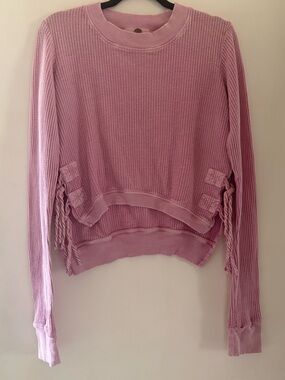 Free People One Waffle knit Side-Tie Long Sleeve Top Pink Medium